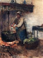 Albert Neuhuys - A cottage Interior With A Peasant Woman Preparing Supper